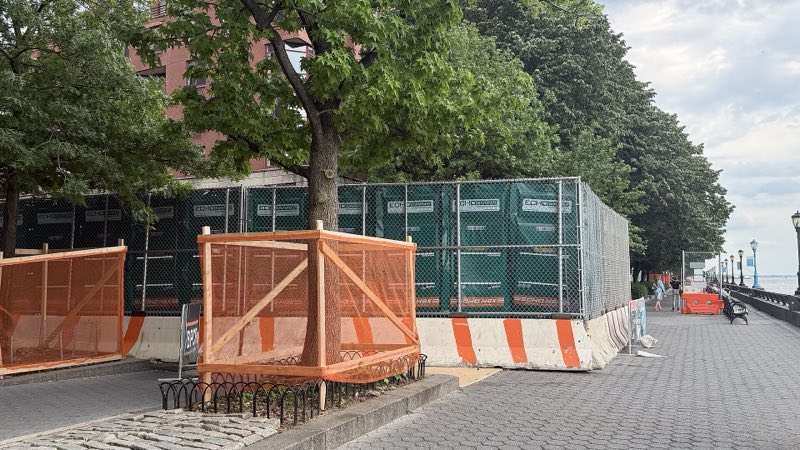 Trees on the esplanade at Albany Place boxed in orange mesh frames in front of a green-screened construction fence, the walkway and the river beyond at right