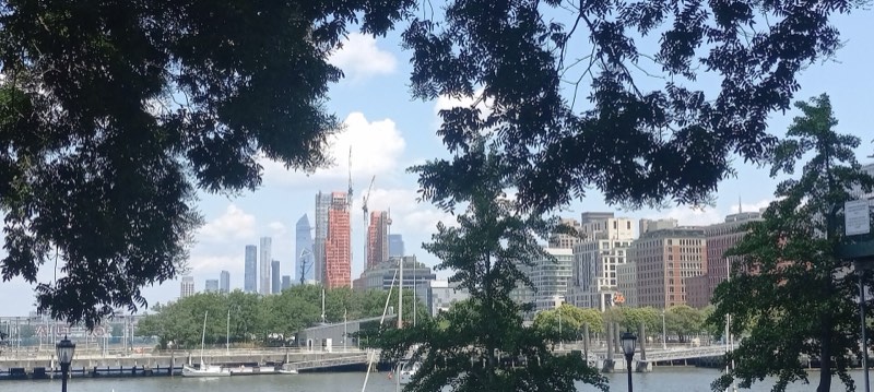 Dense summer leaves framing a view across the water, two black globe lamps at the edge, white sailboats moored at a long pier, a grove of green trees on the far shore, brick apartment buildings and distant glass towers, one orange-red with cranes beside it, under a hazy sky with scattered clouds
