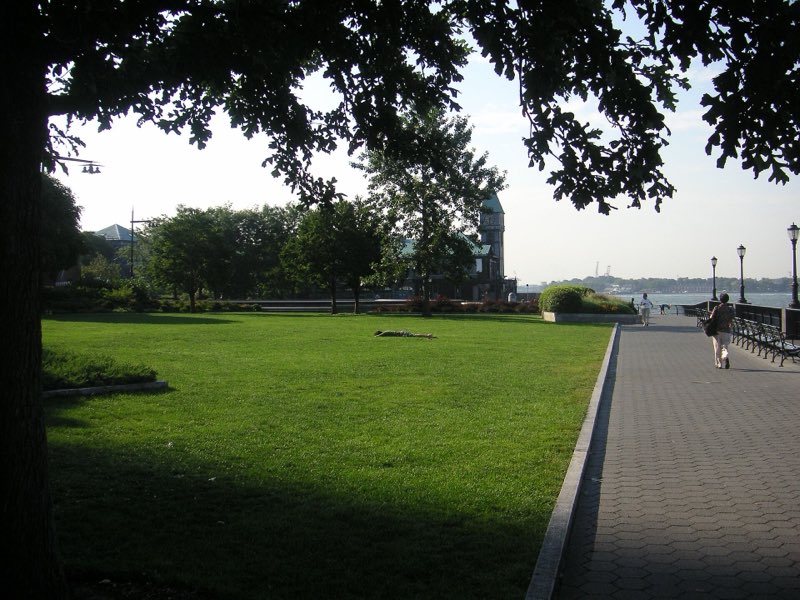 Wagner Park's lawn in late summer sun, framed by a tree's dark branches, with Pier A's clock tower beyond and a walker on the waterfront path at right